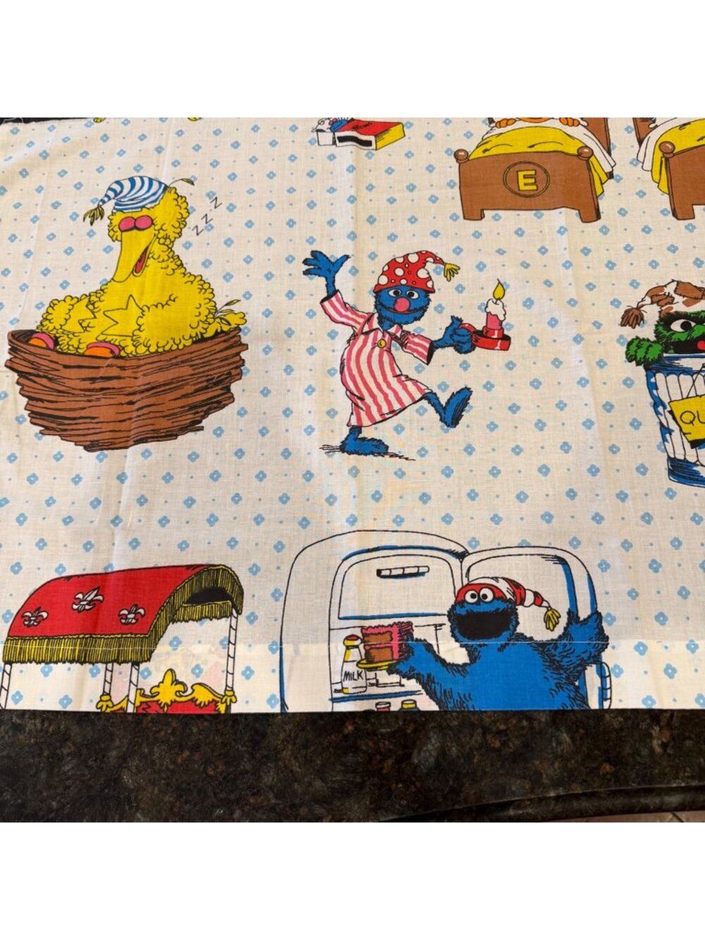 Vintage Sesame Street Fabric Remnant Cookie Monster Big Bird 22 x 55 Upcycle
